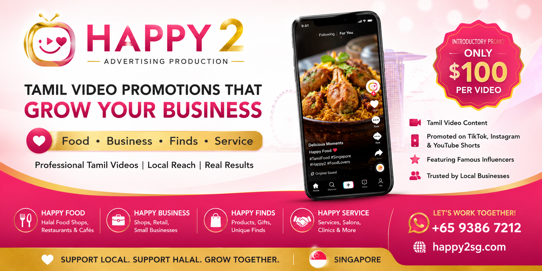 Happy 2 Advertising Production - Tamil Sponsored Video Promotion Singapore Happy 2 Advertising Production banner for Tamil social media promotion Singapore, sponsored video Singapore, halal food promotion Singapore, restaurant promotion Singapore and small business promotion Singapore